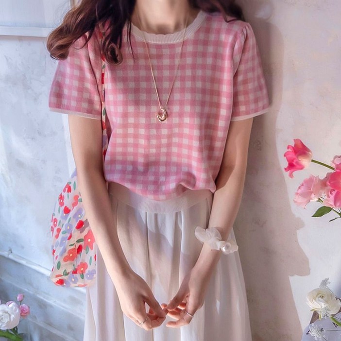 리린 재오픈LABEL 봄앤체크 러블리 물결넥 부드런 비스코스 반팔니트 2942218