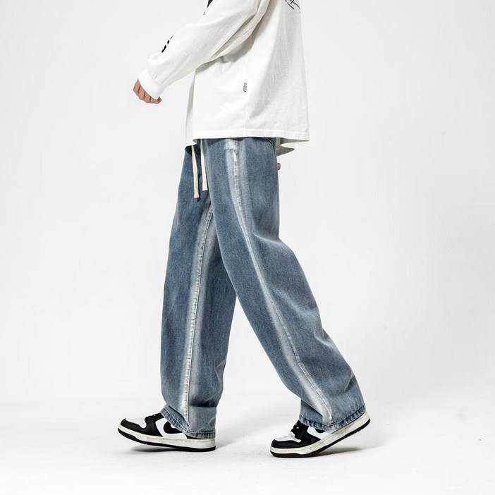 DFMEI 레트로 워시 타이 염료 청바지 남성 루즈 스트레이트 와이드 레그 팬츠 롱 팬츠