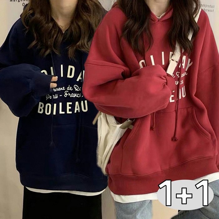 RUNYAYA 1+1 얇은 후드 긴팔 맨투맨 봄가을 여성 학생 루즈핏 레터링 풀오버 티셔츠 기본 후드티