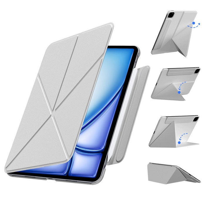 AITEWO 아이패드 케이스 삼각형거치모드 네 가지 각도조절 마그네틱 펜슬수납 미니 에어4567 프로765432세대 10.91112.913인친 M2 M3 M4, 그레이, 1개
