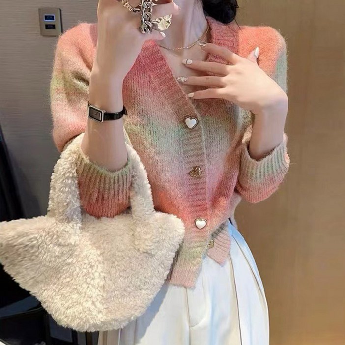 메이킹유 소장추천극찬핏 레인보우 그라데이션 버튼 포인트 브이넥 세미크롭 러블리무드 긴팔 니트 가디건 JY0204로아란가디건