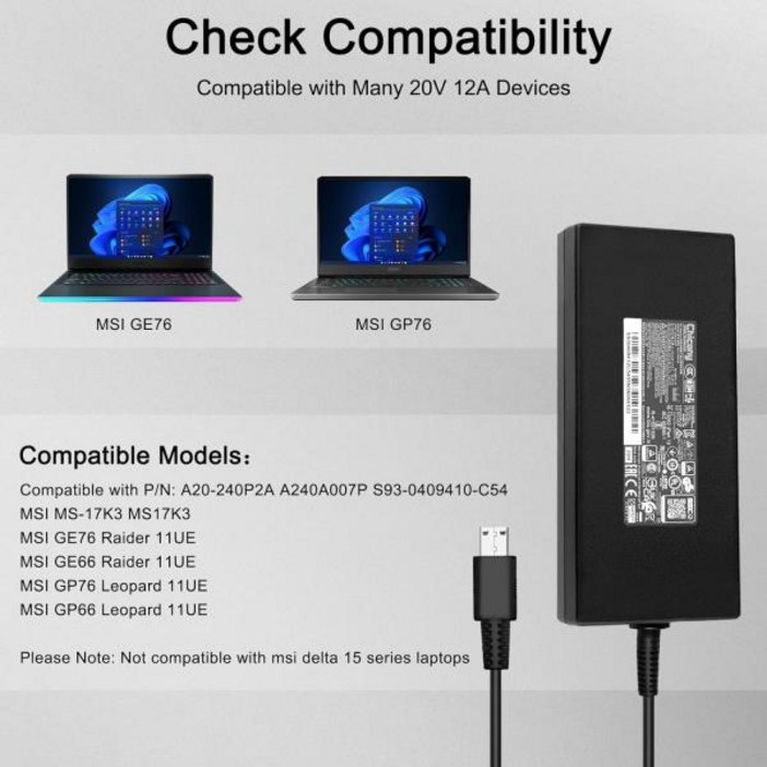 USB 팁 노트북 전원 어댑터 충전기 MSI GE76 GS77 MS17K3 A20240P2A A240A007P S930409410C54 240W 20V