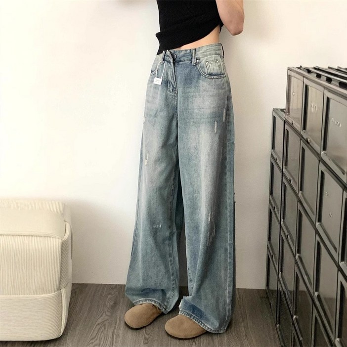 Wiseha 여성 롱와이드 데님팬츠 통넓은 청바지