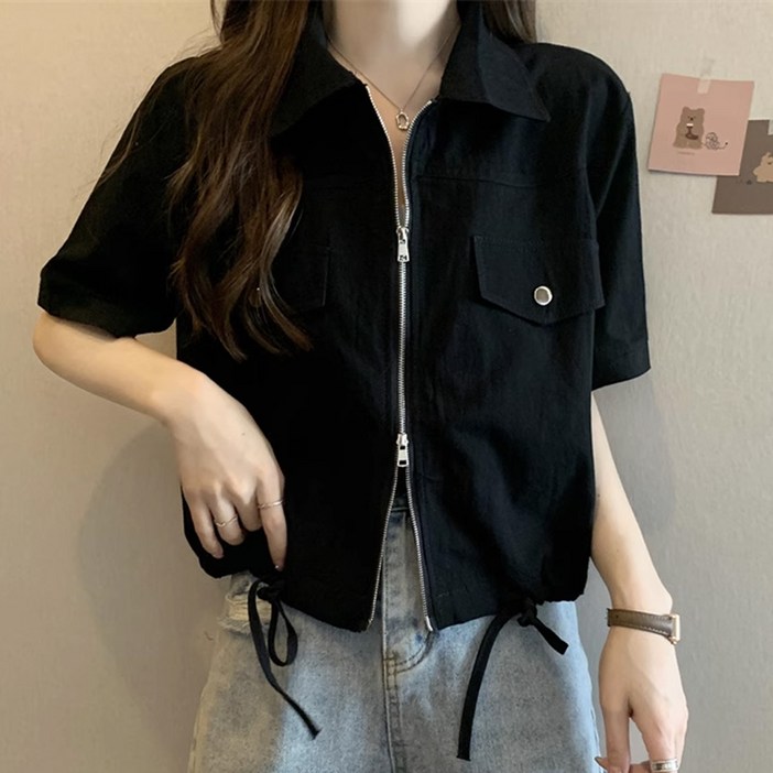 후암마켓 여성 스트링 세미크롭 반팔 바람막이 투웨이 지퍼 점퍼