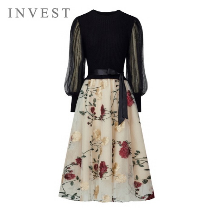 플라워 자수 배색 샤 원피스INI5F1OP3121