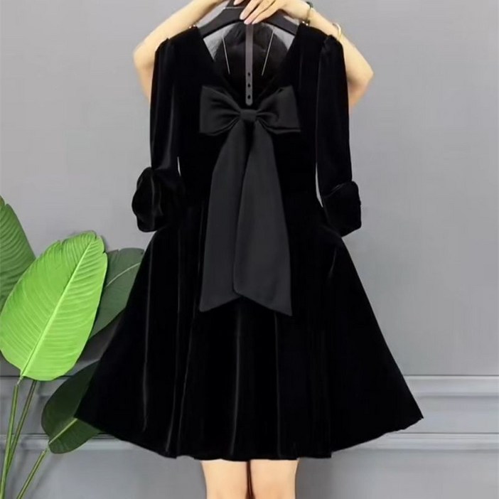 미중 여성 봄가을 뉴 빅사이즈 날씬 패션 젊은 리본 벨벳 긴팔 원피스 cxcy