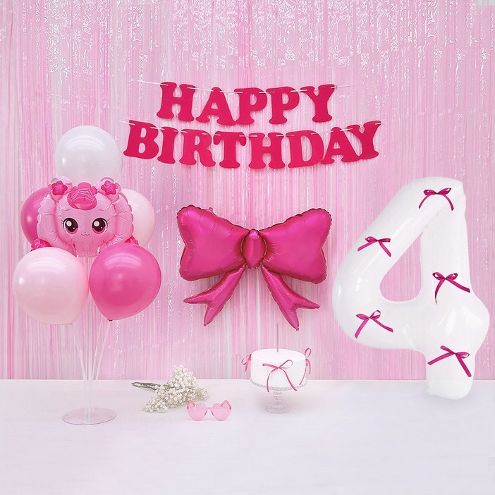 파티아일랜드 HBD 하츄핑 리본 파티 세트 티니핑 공주 생일 풍선, 1세트, 숫자 4