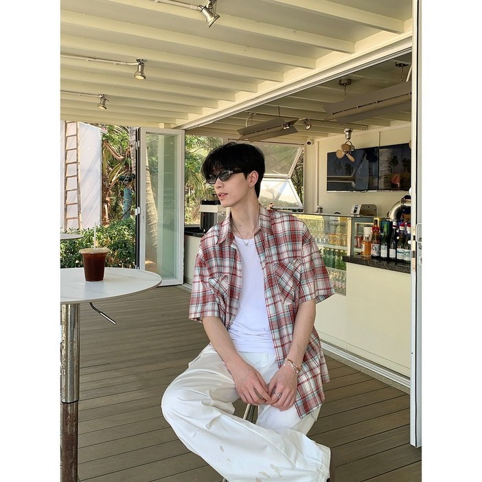 ANYOU 남성용 루즈핏 레트로 체크 반팔 셔츠 캐주얼셔츠