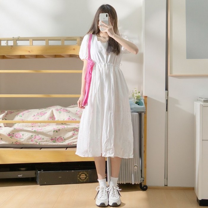 여성 여름 벌룬 원피스 반팔 허리 끈 조절 가능 롱원피스 여성 여름 벌룬 원피스 반팔 허리 끈 조절 가능 롱원피스