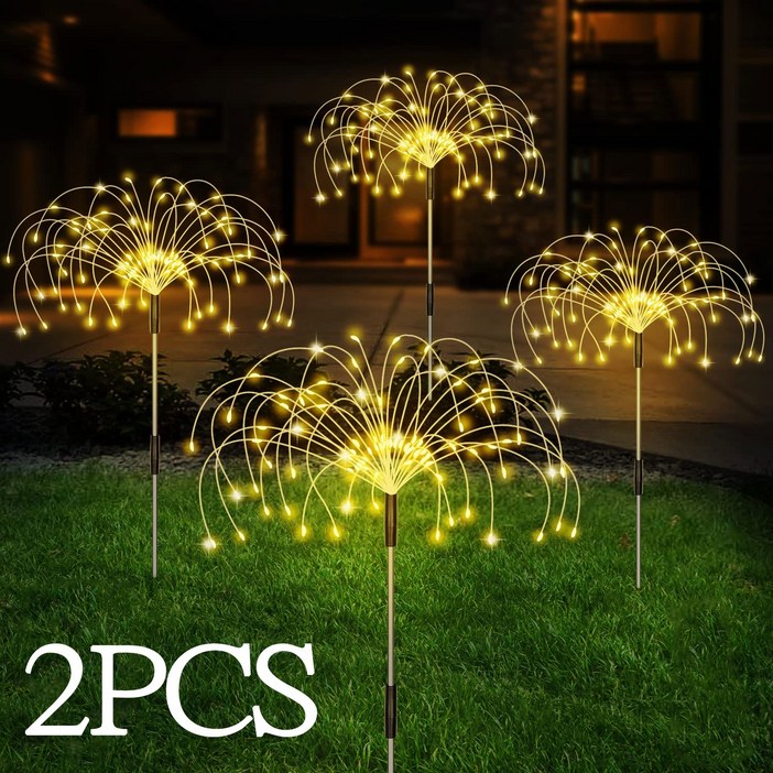 DaiFu 2 PCS 태양광 정원등 불꽃 장식등 120 LED 실외등 잔디등 (8가지 램프 모드), 옐로우색상(투피스)