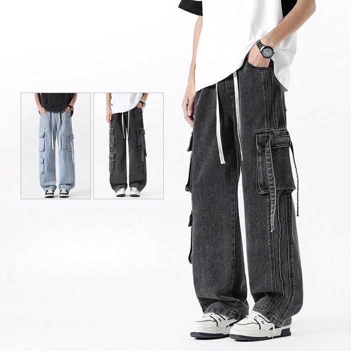 BDICOOL 남성 카고 데님 팬츠 청바지 세미 와이드 스판 밴딩 G819
