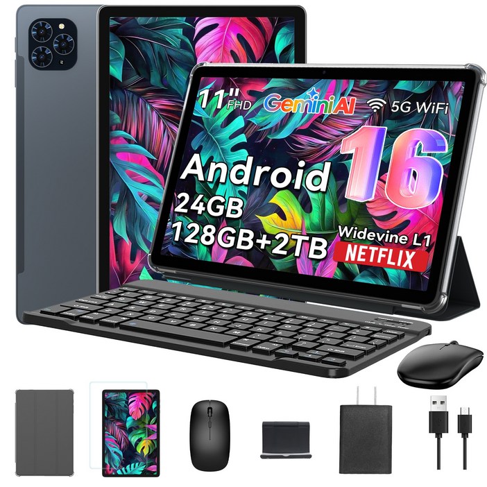 TABWEE 2026 세계최초 Android16 Gemini AI 태블릿 11인치 FHD 24GB+128GB 2TB확장 2in1 테블릿 pc 키보드세트