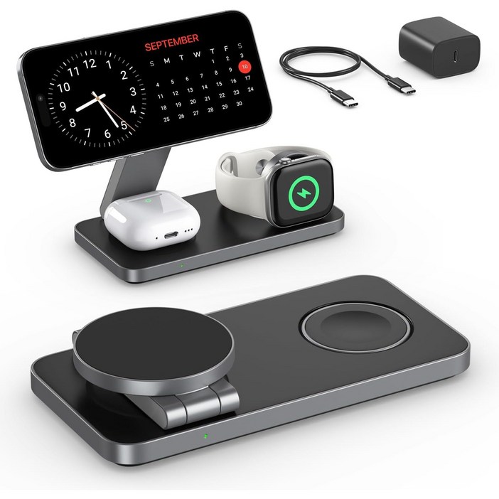 Gatatol Qi2 3in1 맥세이프 무선충전기 애플워치 호환 고속충전 거치대 초고속충전 돼지코 포함, 1개, 블랙