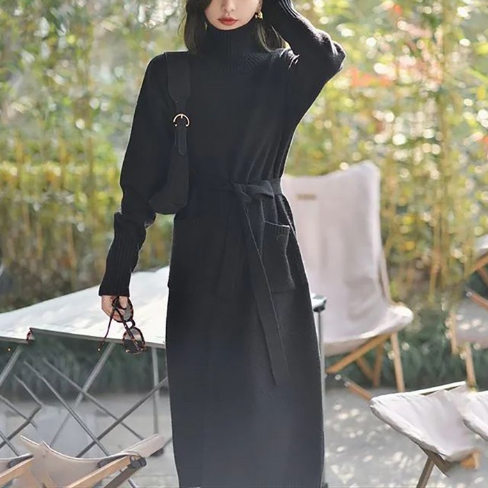 삼제태전 여성 니트 원피스 가을 겨울 리본 끈 포켓 하이넥 단색 롱 원피스