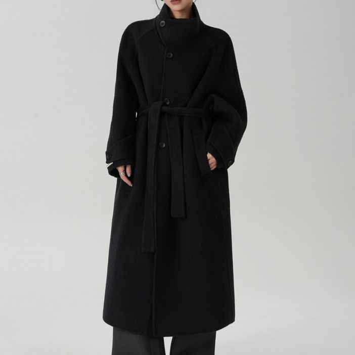 유니크코코 핸드메이드 하이넥 루즈핏 울 100 롱 코트 ot5821