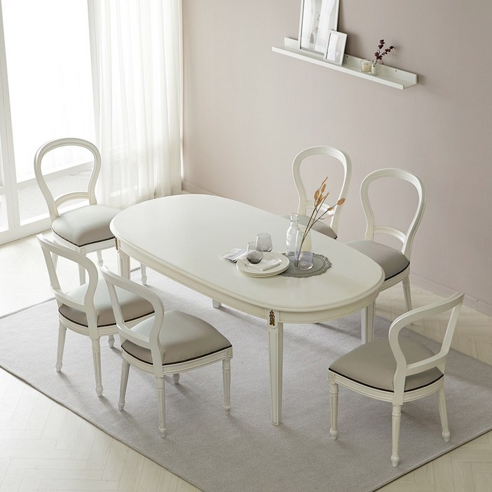 피어젠가구 크램드 프렌치 엔틱 6인용 타원 원목 식탁 세트 화이트, 상세페이지 참조