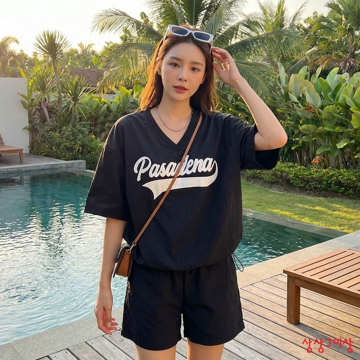 상상그이상 여성용 국내제작 파사디V반팔SET 여름 루즈핏 반소매 브이넥 티셔츠 허리밴딩 고무줄바지 반바지 숏팬츠 세트 투피스 트레이닝세트 오버핏 나일론반팔 아노락반팔 밑단스트링