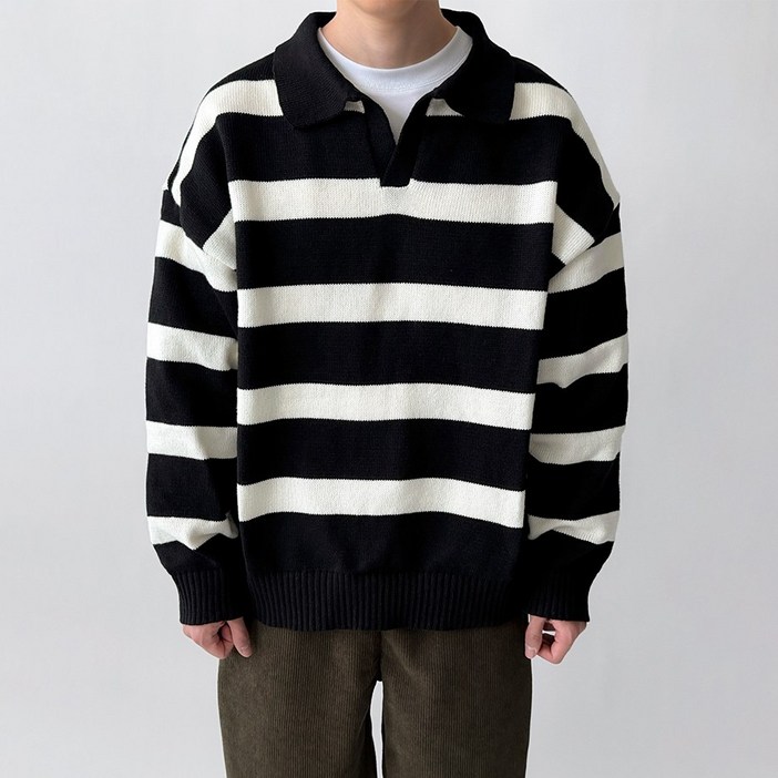 빠델 고중량 스트라이프 단가라 오픈카라 오버핏 니트 스웨터