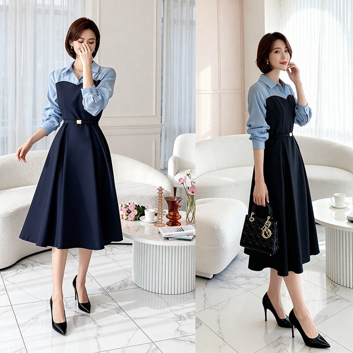 비비디아 여성용 배색 셔츠 뷔스티에 플레어 원피스 하객룩 오피스룩 봄가을 미디롱 치마 S2XL 5609