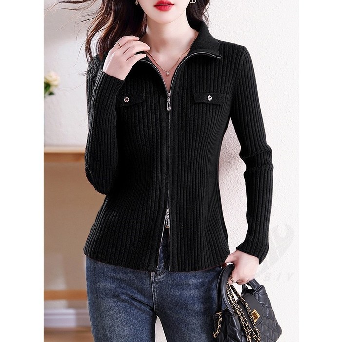 비아이와이 여성 봄가을 슬림핏 골지 집업 니트 카디건 D14