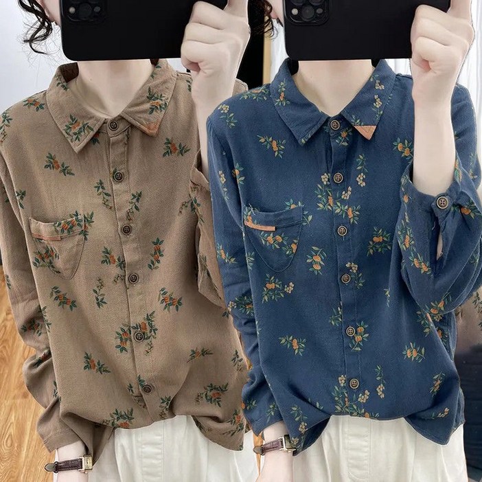 빅사이즈 여성셔츠 루즈핏 칼라 긴팔 티셔츠 프린트 날씬해 봄가을 남방