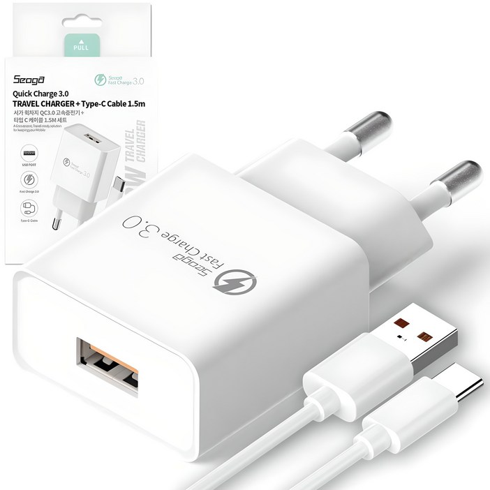 서가 퀵차지 USB 고속 충전기 18W QC3.0  C타입 케이블 1.5m, 화이트, 1개