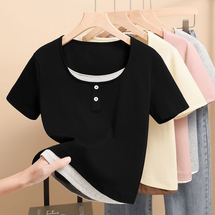 lyoveu 페이크 투피스 반팔 여성 스파이시 슬림쇼트