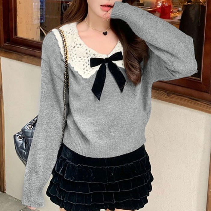 여성스웨터 간절기 리본 니트긴팔티 DH3M00786