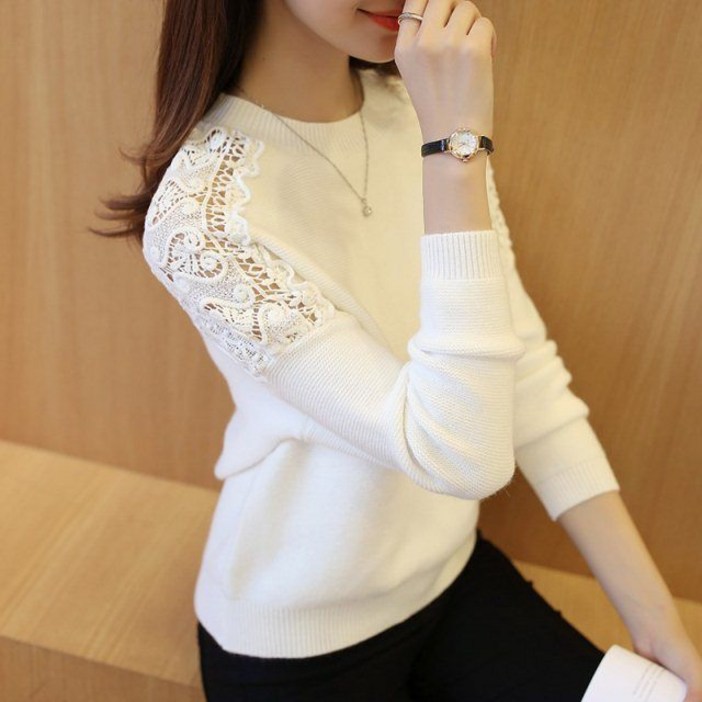 YI MING 여성 긴팔 라운드넥 스웨터 베이직 롱 니트  티셔츠  펀칭  긴 소매 니트 티셔츠 F417