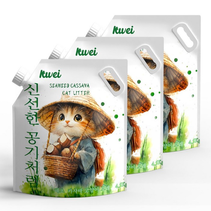 클레이 해조류 고양이 카사바 모래, 무향, 3개, 4.5kg