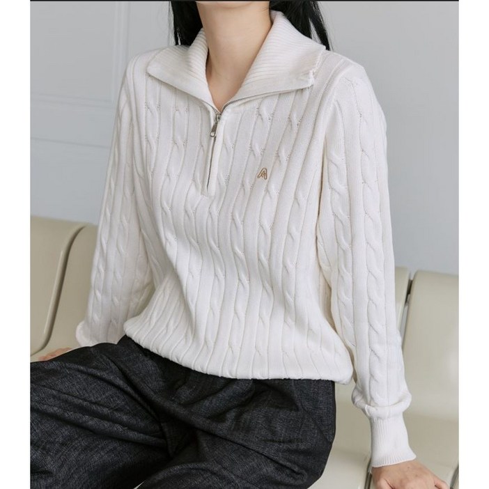 올모스트스퀘어 여성 반집업 니트 프리미엄라인 흔치않은 최고급 100 코튼 소프트 터치 스웨터 케이블 꽈배기 하프집업 카라니트