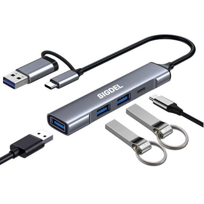 시그델 슬림형 4in1 USB 3.0 C타입 겸용 멀티 허브 4포트 USB*3 C타입*1 젠더 C to USB 노트북 컴퓨터 확장 포트 UH-08, 1개, 메탈실버