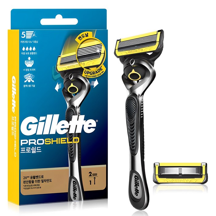 질레트 프로쉴드 옐로우 매뉴얼 면도기 핸들  면도날 2p 세트