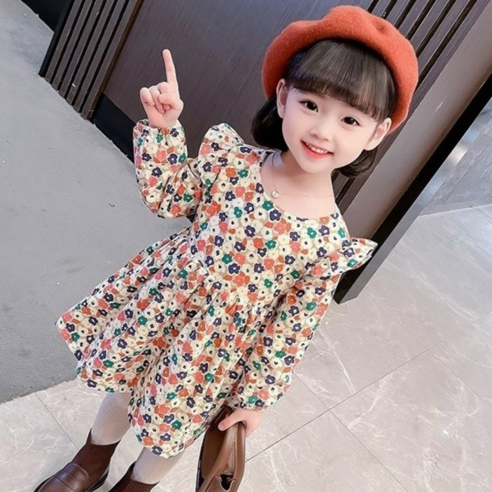 베베니즈 여아용 잔꽃 패턴 기모 긴팔 원피스