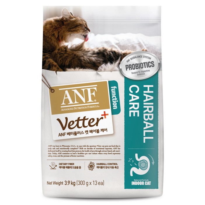 ANF 베터플러스 고양이 기능성 사료, 헤어볼장건강, 3.9kg, 1개