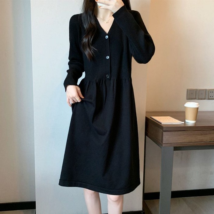 AOKADA 여성 브이넥 오버핏 오피스룩 긴팔 니트 원피스