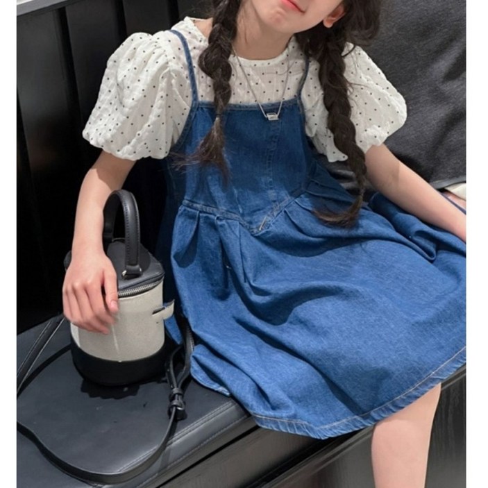 해피유통어린이 패션 퍼프 소매 멜빵 원피스 세트14세 이상 XG03