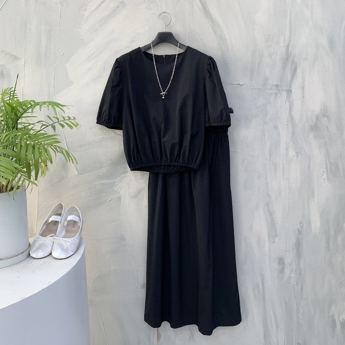 행복여 마들렌 셔링 바스락 퍼프 밴딩 스커트 세트