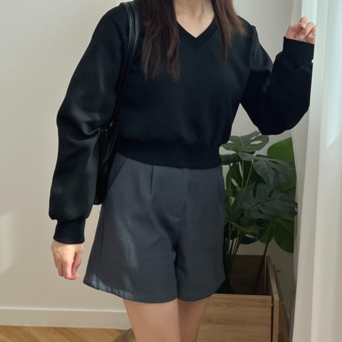 여성 브이넥 세미크롭 무지 맨투맨 고퀄리티 국내생산