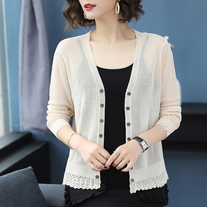ASURE 여자 얇은 브이넥 니트 카디건 쇼트 아이템 자외선 차단 의류