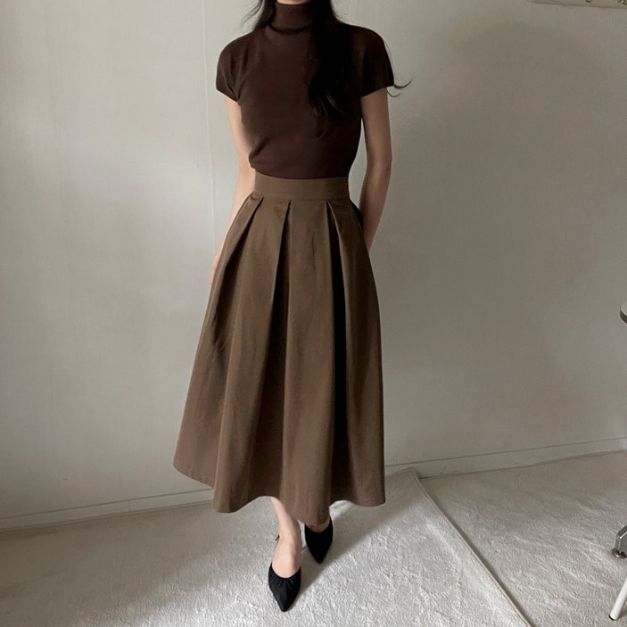 풍성 햅번 핀턱 롱스커트 주름 플리츠 간절기 국내제작 뒷지퍼 무광택