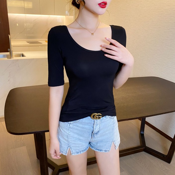 여성 더블 U넥 슬림핏 무지 반팔 티셔츠 T-08