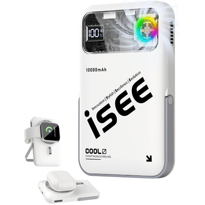 isee 아이시10000mAh 쿨링 맥세이프 터보 냉각팬 거치대 무선고속충전 3in1리튬 폴리머 보조배터리, 화이트 isee 아이시10000mAh 쿨링 맥세이프 터보 냉각팬 거치대 무선고속충전 3in1리튬 폴리머 보조배터리, 화이트