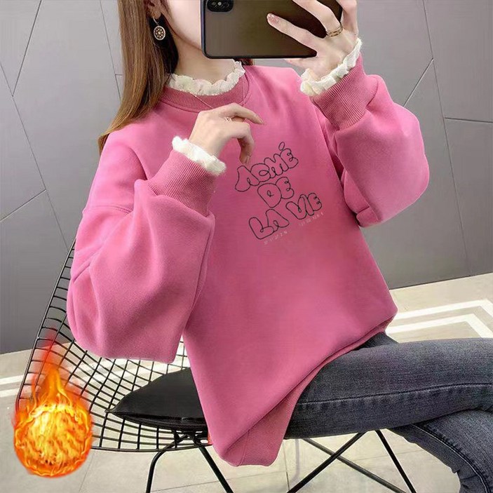 TKX 여성 가을 겨울 기모 맨투맨 캐주얼 레이스 프릴 반 하이넥 프린트 긴팔 K79