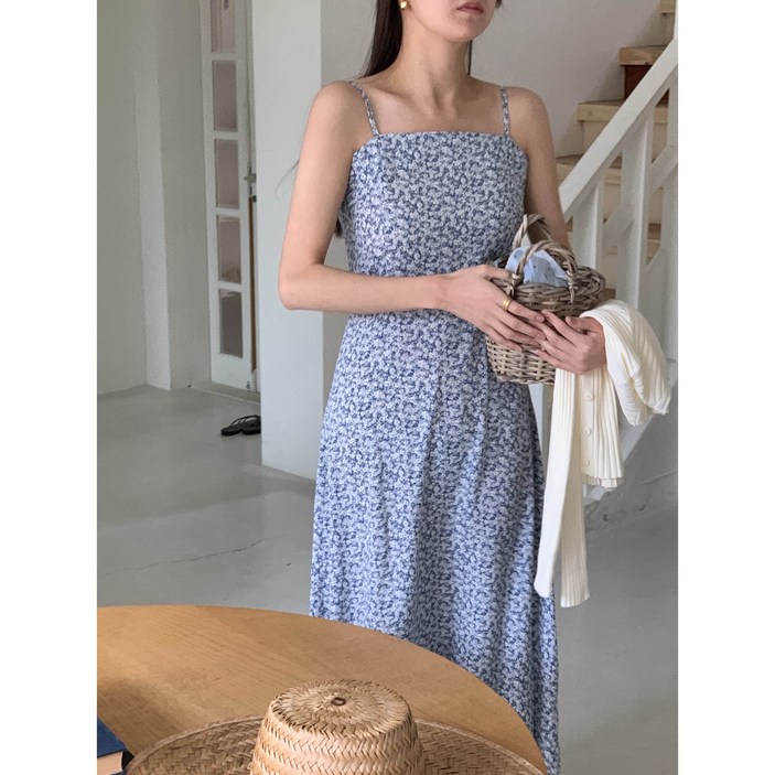 슬로우 스퀘어넥 플라워 패턴 잔꽃 뷔스티에 스모크 밴딩 레이어드 나시 민소매 롱 원피스