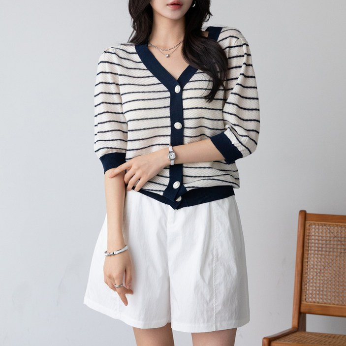 스트라이프 실버버튼 아마면 가디건 #22604