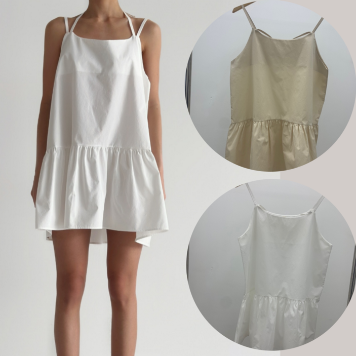 LionHu 국내제작 끈 나시 뷔스티에 미니 프릴 끈 원피스  면 데일리 셔링 레이어드 오버핏