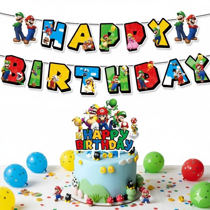모던시스터즈 슈퍼 마리오 생일 파티 장식 가랜드 배너 토퍼 세트