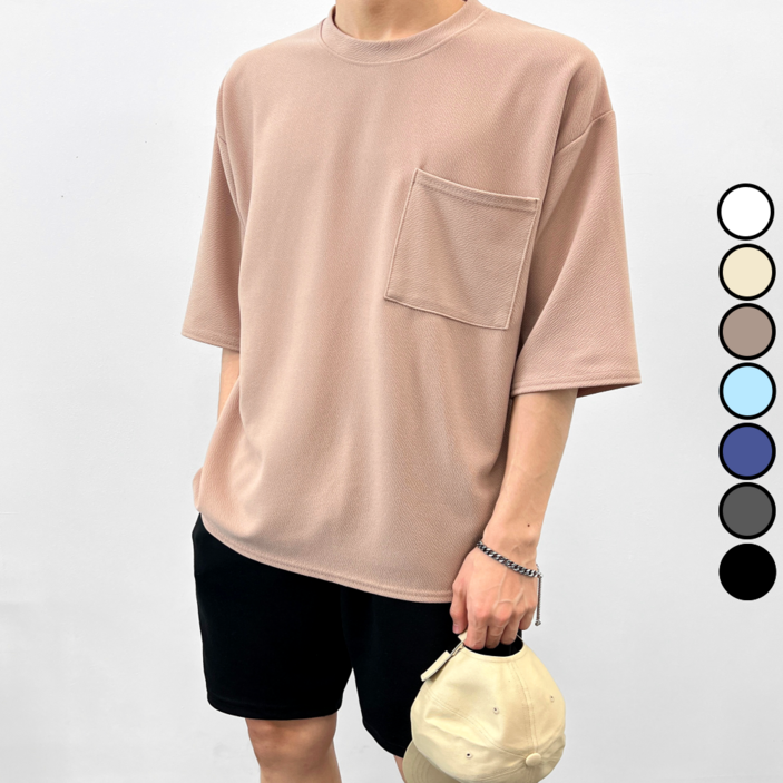 이브컴퍼니 남녀공용 링클프리 오버핏 스판 라운드 포켓 7부 반팔티셔츠 빅사이즈 L953XL115 41931