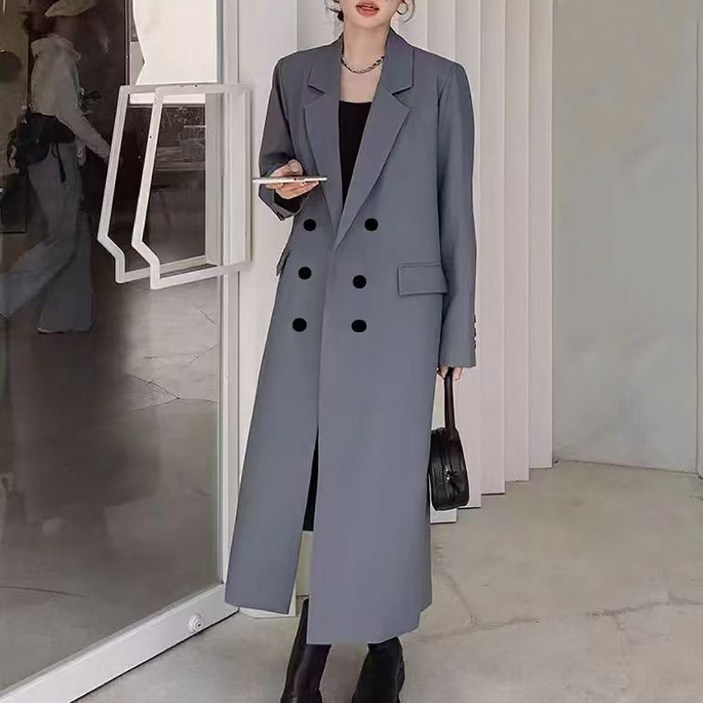 지고다그 여성 가을 간절기 단색 롱 트렌치코트 더블 버튼 오버사이즈 캐주얼 정장 코트 LJM1691